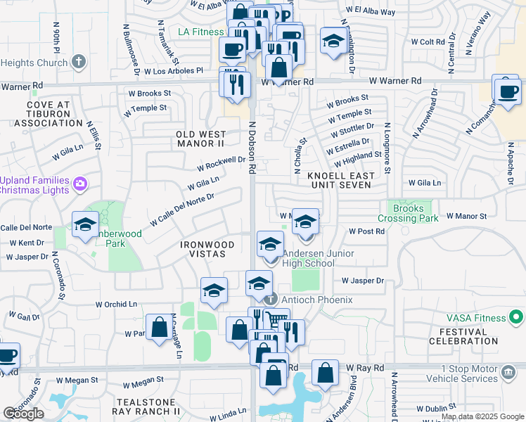 map of restaurants, bars, coffee shops, grocery stores, and more near 1405 North Dobson Road in Chandler