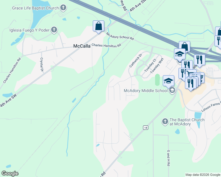 map of restaurants, bars, coffee shops, grocery stores, and more near 5849 Cheshire Cove Trail in McCalla