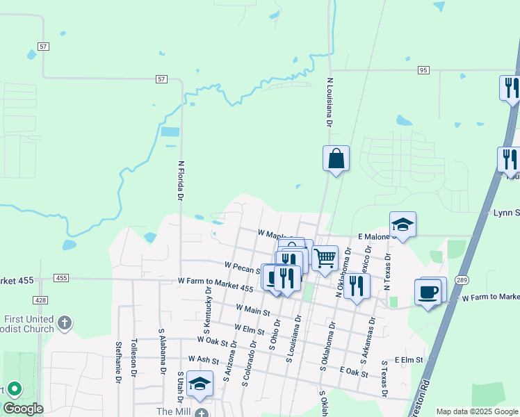 map of restaurants, bars, coffee shops, grocery stores, and more near 416 North Arizona Drive in Celina