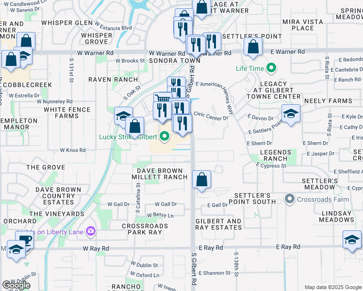 map of restaurants, bars, coffee shops, grocery stores, and more near 1190 South Gilbert Road in Gilbert