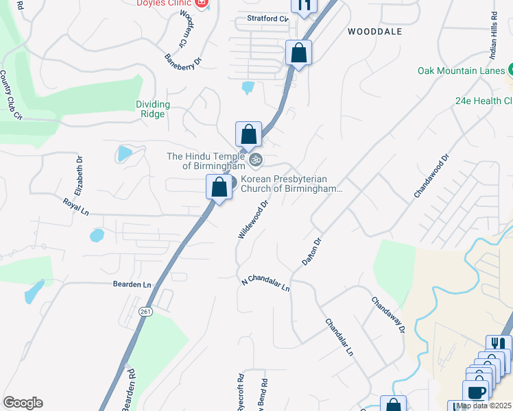 map of restaurants, bars, coffee shops, grocery stores, and more near 3453 Wildewood Drive in Pelham