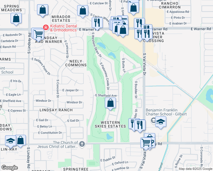 map of restaurants, bars, coffee shops, grocery stores, and more near 1196 South Palomino Creek Drive in Gilbert