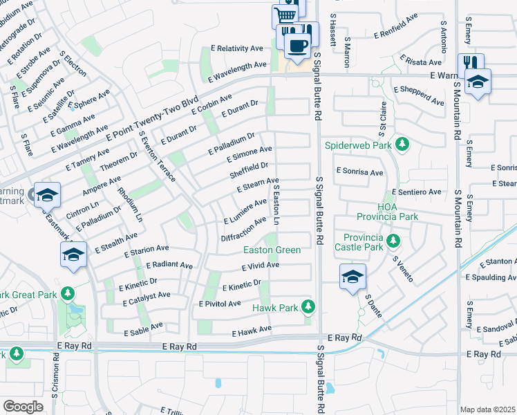 map of restaurants, bars, coffee shops, grocery stores, and more near 10627 East Lumiere Avenue in Mesa