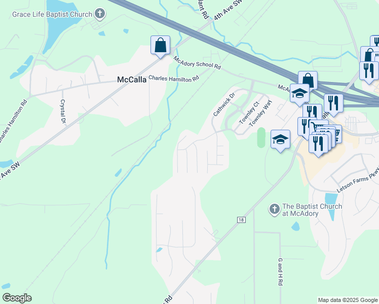 map of restaurants, bars, coffee shops, grocery stores, and more near 5704 Cathwick Court in McCalla