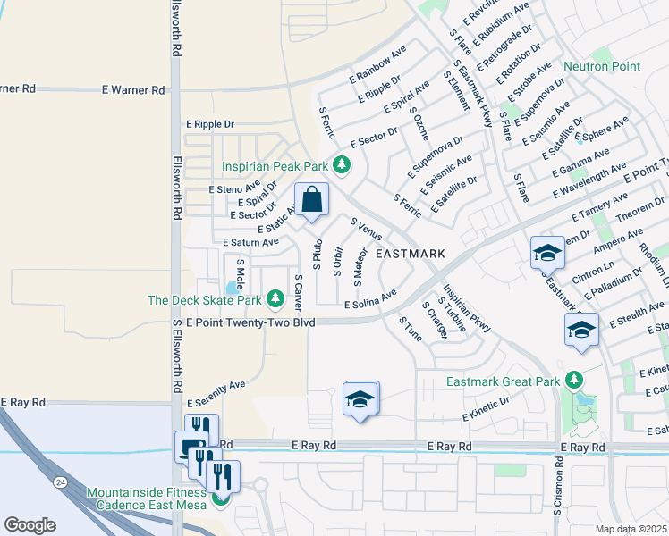 map of restaurants, bars, coffee shops, grocery stores, and more near 4756 South Orbit in Mesa