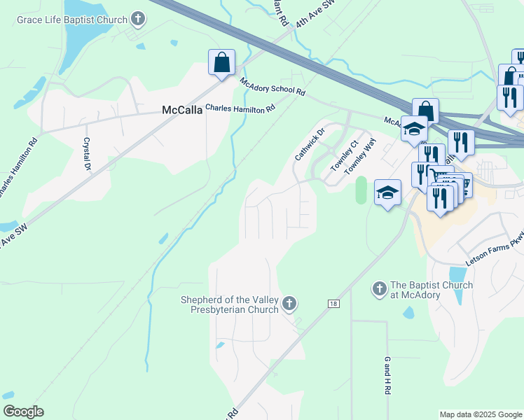 map of restaurants, bars, coffee shops, grocery stores, and more near 5742 Cheshire Cove Circle in McCalla