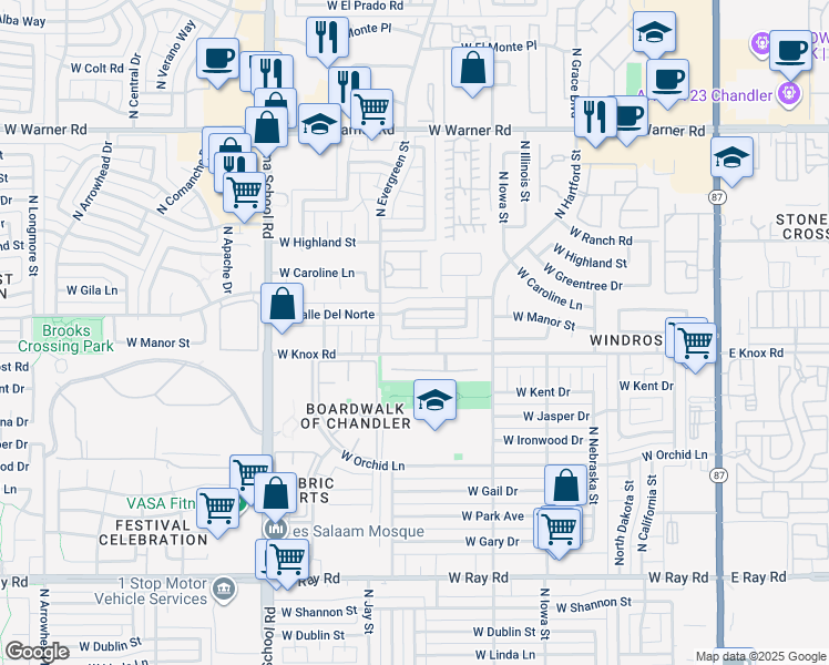 map of restaurants, bars, coffee shops, grocery stores, and more near 717 West Manor Street in Chandler