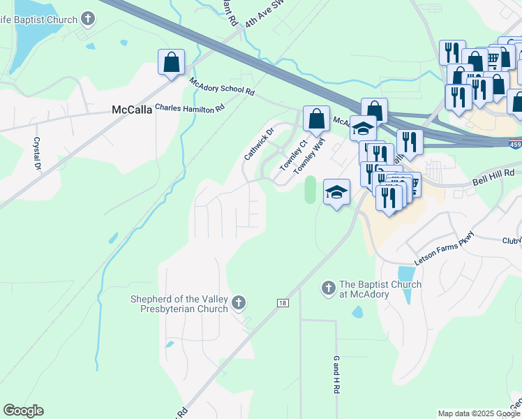 map of restaurants, bars, coffee shops, grocery stores, and more near 6305 Cathwick Court in McCalla