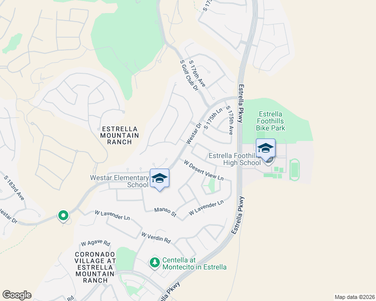 map of restaurants, bars, coffee shops, grocery stores, and more near 12996 South 176th Drive in Goodyear