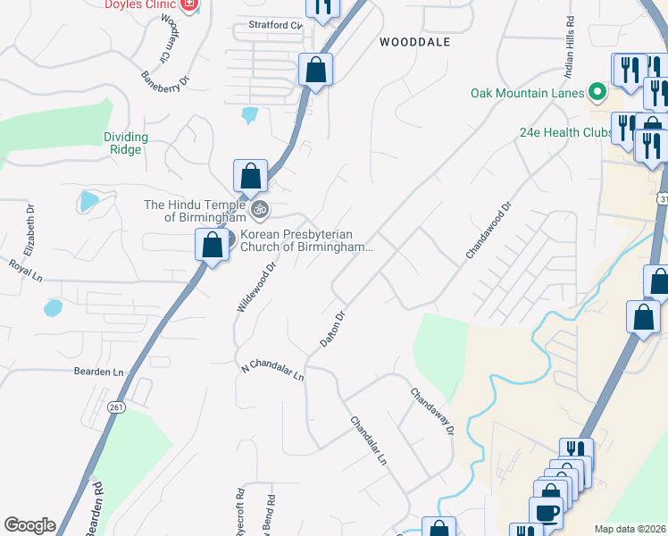 map of restaurants, bars, coffee shops, grocery stores, and more near 2416 Chandabrook Dr in Pelham