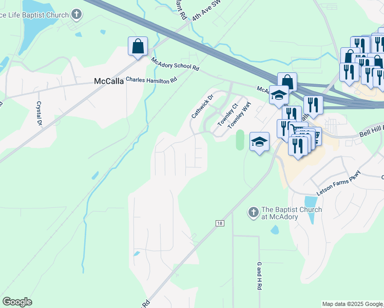 map of restaurants, bars, coffee shops, grocery stores, and more near 6251 Cathwick Drive in McCalla