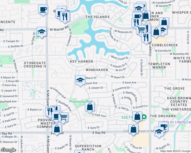 map of restaurants, bars, coffee shops, grocery stores, and more near 1114 South Crown Key Avenue in Gilbert