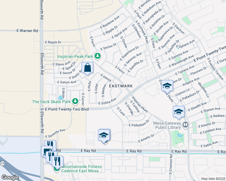 map of restaurants, bars, coffee shops, grocery stores, and more near 4757 South Cosmic in Mesa