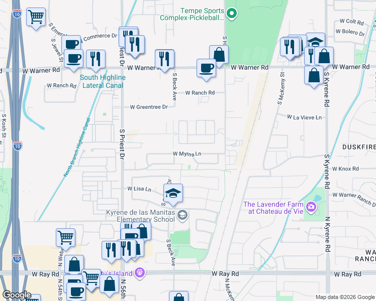 map of restaurants, bars, coffee shops, grocery stores, and more near 1122 West Myrna Lane in Tempe