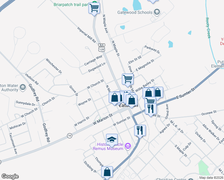 map of restaurants, bars, coffee shops, grocery stores, and more near 300 North Madison Avenue in Eatonton