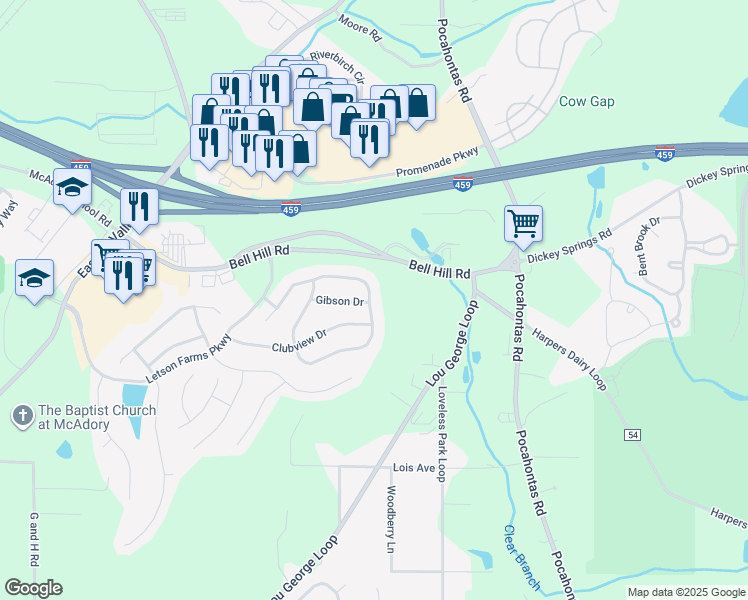 map of restaurants, bars, coffee shops, grocery stores, and more near 6339 North Clubview Circle in Bessemer