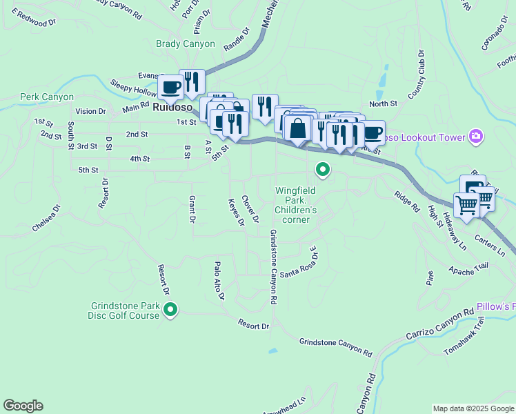 map of restaurants, bars, coffee shops, grocery stores, and more near 114 Clover Drive in Ruidoso
