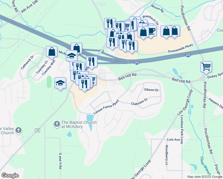 map of restaurants, bars, coffee shops, grocery stores, and more near 4733 Longmeadow Drive in Bessemer