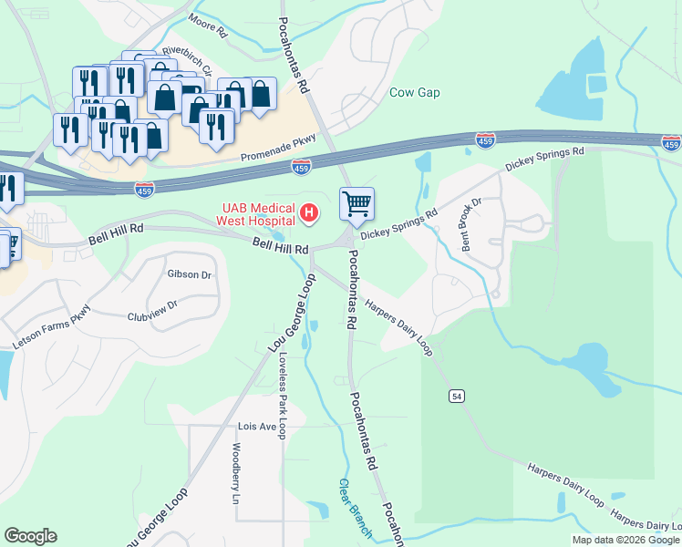 map of restaurants, bars, coffee shops, grocery stores, and more near 6046 County Road 6 in Bessemer
