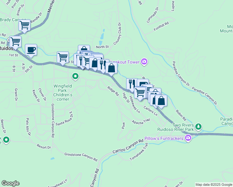 map of restaurants, bars, coffee shops, grocery stores, and more near Ridge Road in Ruidoso
