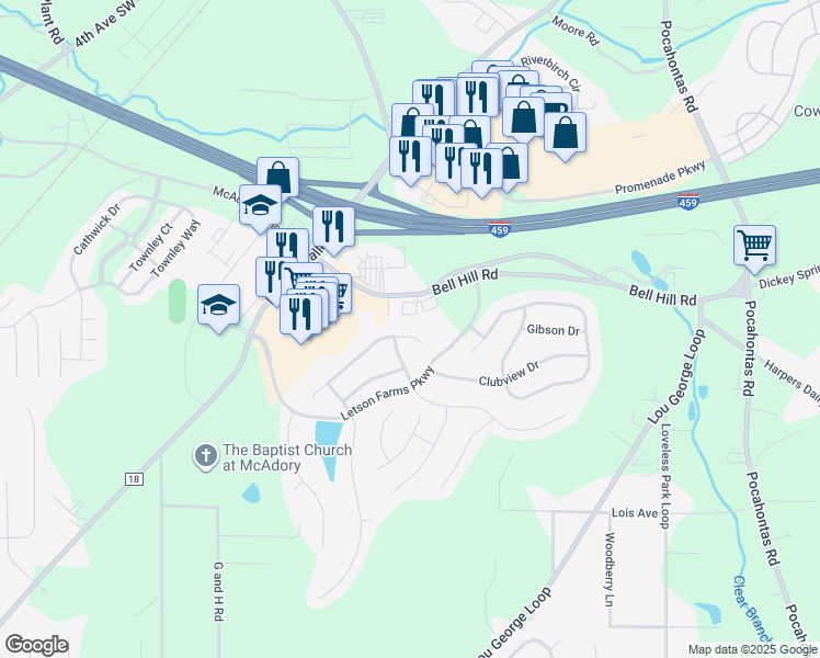 map of restaurants, bars, coffee shops, grocery stores, and more near 4733 Longmeadow Drive in Bessemer