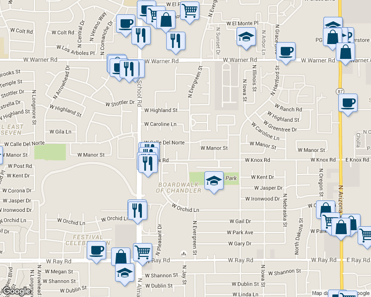 map of restaurants, bars, coffee shops, grocery stores, and more near 1414 North Evergreen Street in Chandler