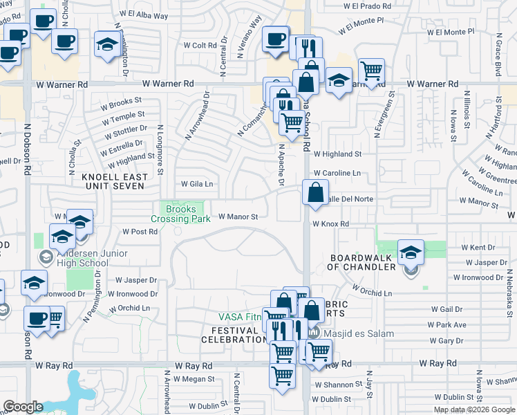 map of restaurants, bars, coffee shops, grocery stores, and more near 1208 West Manor Street in Chandler