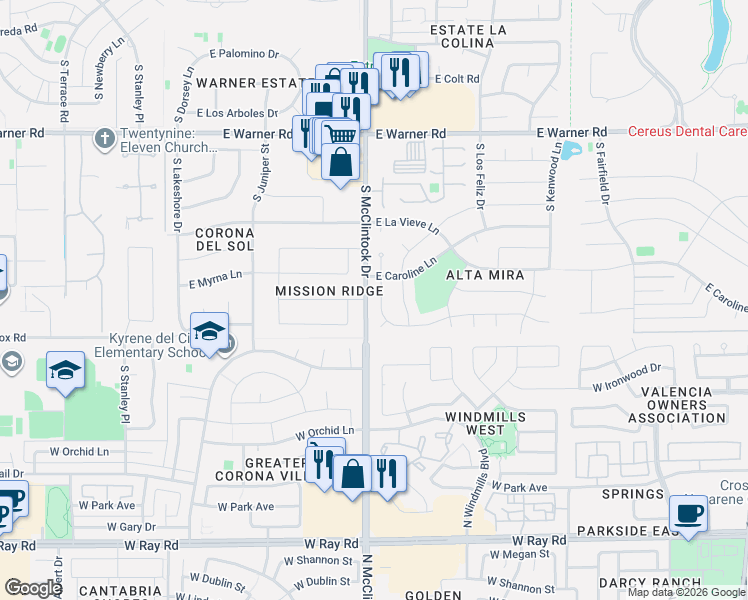 map of restaurants, bars, coffee shops, grocery stores, and more near 9219 South Heather Drive in Tempe