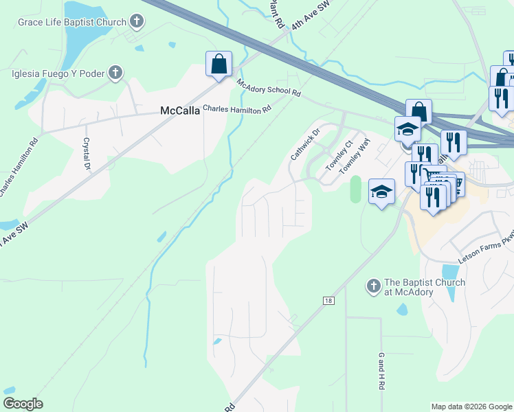 map of restaurants, bars, coffee shops, grocery stores, and more near 6470 Cheshire Cove Drive in McCalla