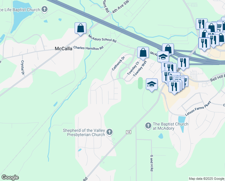 map of restaurants, bars, coffee shops, grocery stores, and more near 6247 Cathwick Drive in McCalla