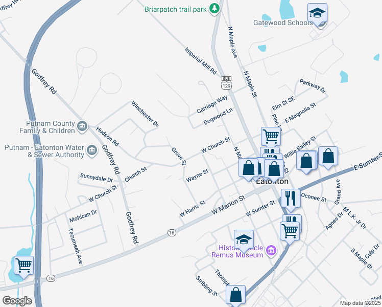 map of restaurants, bars, coffee shops, grocery stores, and more near 255 West Church Street in Eatonton