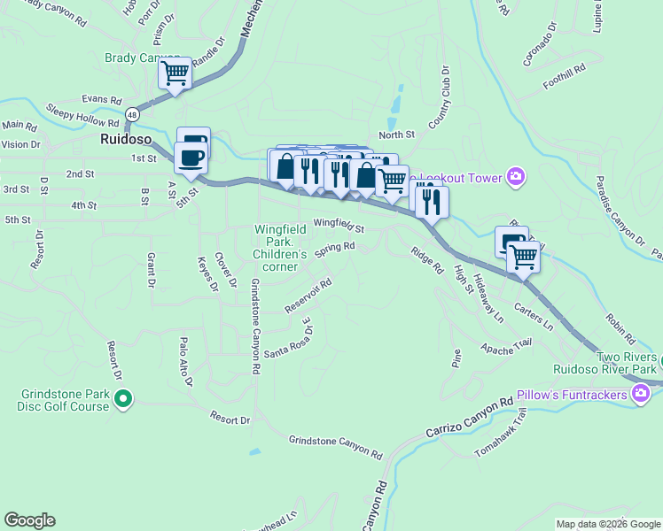 map of restaurants, bars, coffee shops, grocery stores, and more near 119-127 Stub Street in Ruidoso