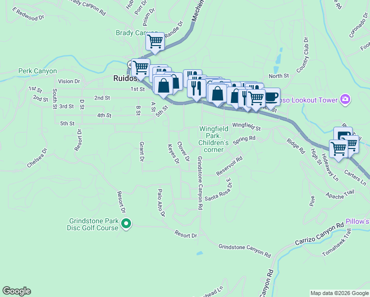 map of restaurants, bars, coffee shops, grocery stores, and more near 114 Clover Drive in Ruidoso
