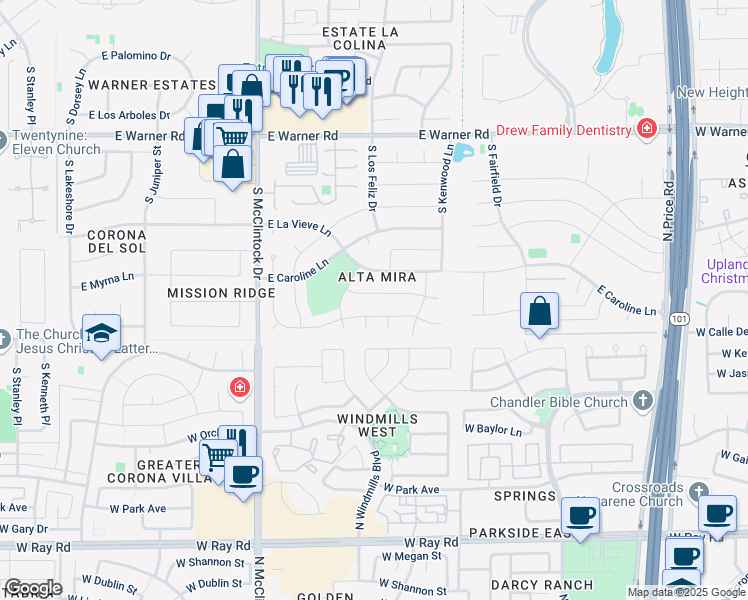 map of restaurants, bars, coffee shops, grocery stores, and more near 1924 East Jeanine Drive in Tempe