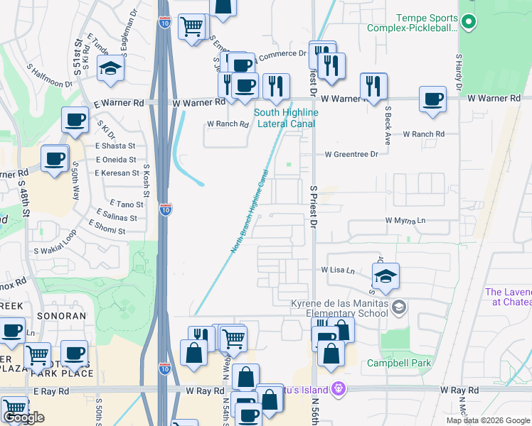 map of restaurants, bars, coffee shops, grocery stores, and more near 1724 West Dawn Drive in Tempe