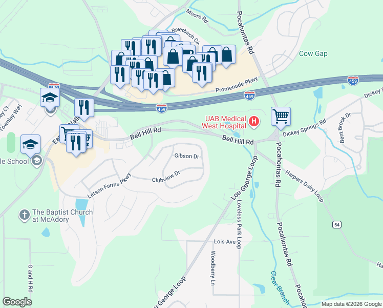 map of restaurants, bars, coffee shops, grocery stores, and more near 4565 Gibson Drive in Bessemer