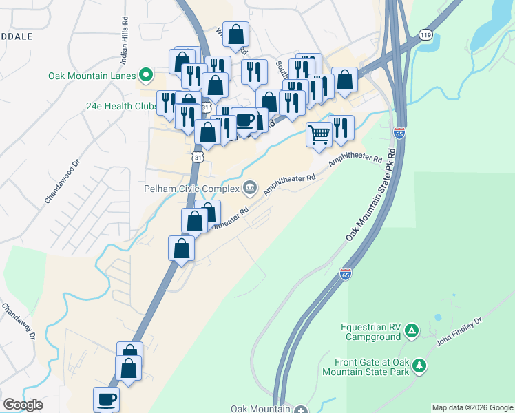 map of restaurants, bars, coffee shops, grocery stores, and more near 2060 Oak Mountain Drive in Pelham