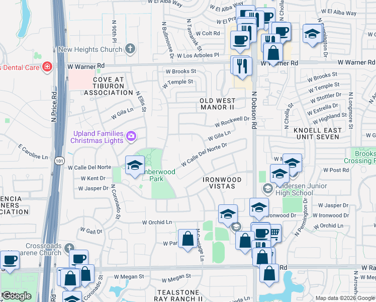 map of restaurants, bars, coffee shops, grocery stores, and more near 1506 North Tamarisk Drive in Chandler