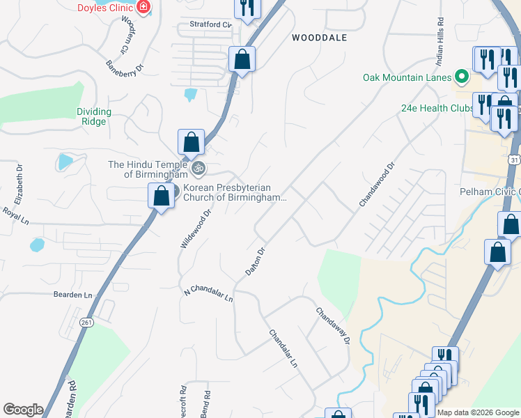map of restaurants, bars, coffee shops, grocery stores, and more near 2416 Chandabrook Drive in Pelham