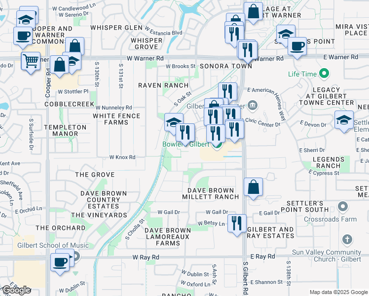 map of restaurants, bars, coffee shops, grocery stores, and more near West Gilbert Town Square Avenue in Gilbert