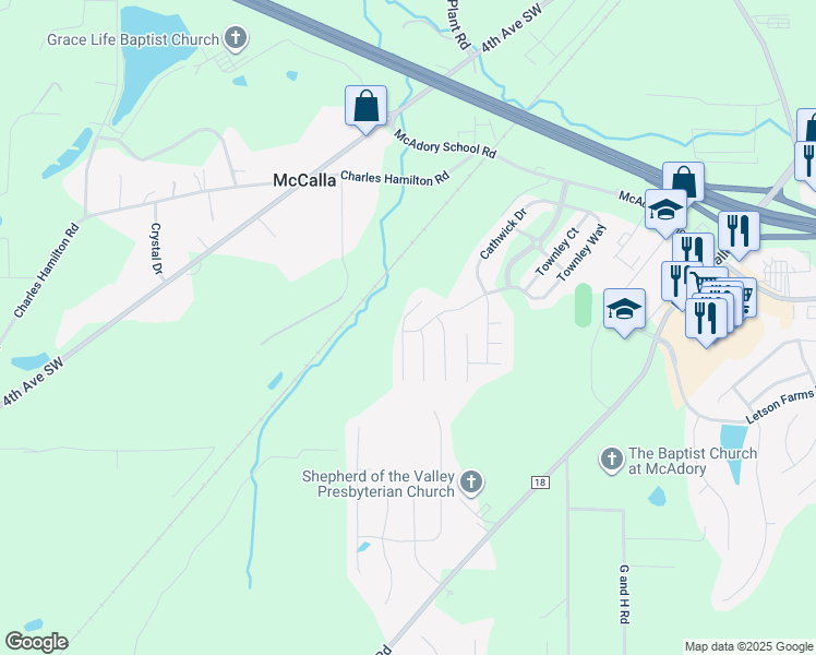 map of restaurants, bars, coffee shops, grocery stores, and more near 5836 Cheshire Cove Trail in McCalla