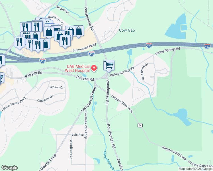 map of restaurants, bars, coffee shops, grocery stores, and more near 6046 County Road 6 in Bessemer