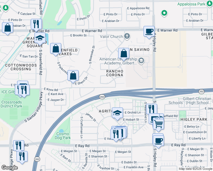 map of restaurants, bars, coffee shops, grocery stores, and more near 2841 East Cathy Drive in Gilbert
