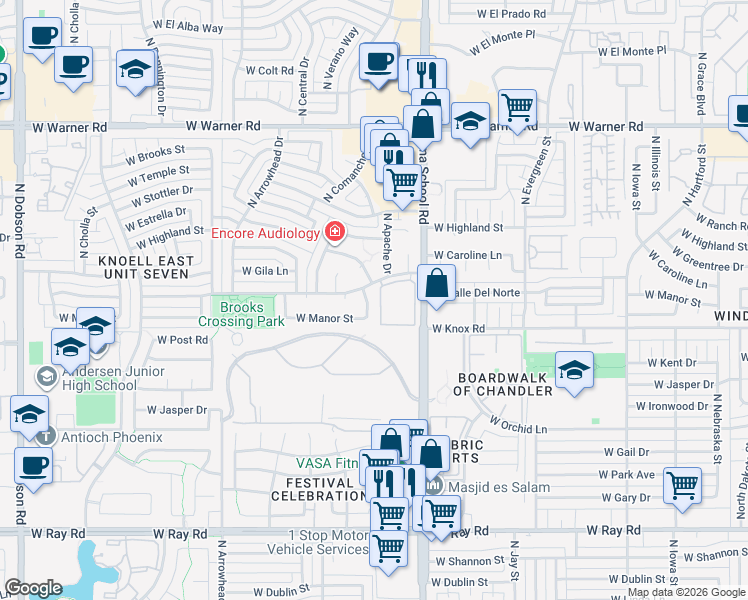 map of restaurants, bars, coffee shops, grocery stores, and more near 1521 North Apache Drive in Chandler