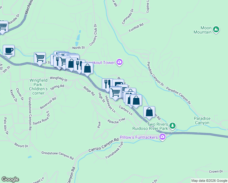 map of restaurants, bars, coffee shops, grocery stores, and more near 1830 Sudderth Drive in Ruidoso