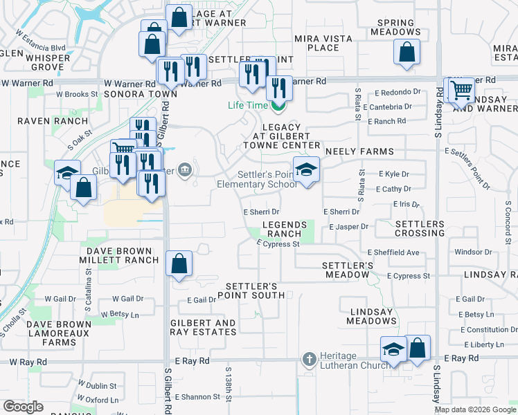 map of restaurants, bars, coffee shops, grocery stores, and more near 269 East Sherri Drive in Gilbert