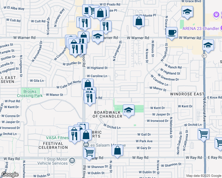 map of restaurants, bars, coffee shops, grocery stores, and more near 1414 North Evergreen Street in Chandler