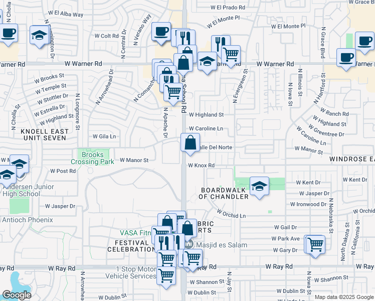 map of restaurants, bars, coffee shops, grocery stores, and more near 1400 North Alma School Road in Chandler