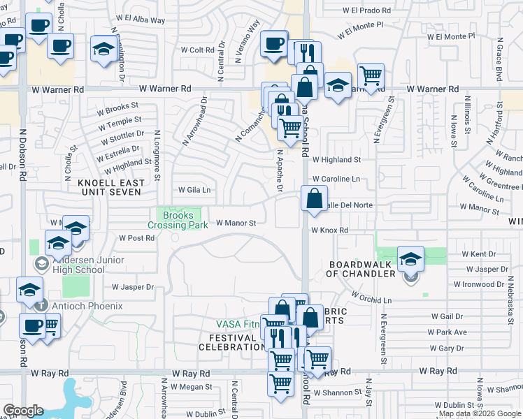 map of restaurants, bars, coffee shops, grocery stores, and more near 1208 West Manor Street in Chandler
