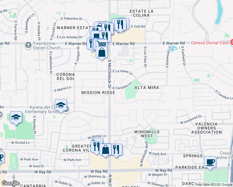 map of restaurants, bars, coffee shops, grocery stores, and more near 9219 South Heather Drive in Tempe